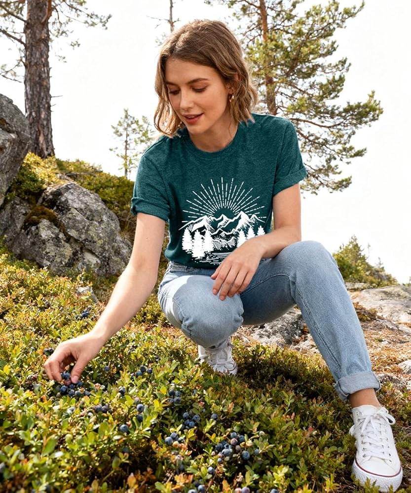 Adventure Shirts for Women Retro Mountain Pine Tree Nature